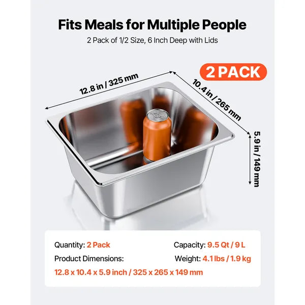 2 Pack Stainless Steam Hotel Pans, 1/2 Size Table Steam Pans With Lids, 6 Inch Deep, Anti Jam Restaurant Supplies Reusable Catering Storage for Home, Party, Restaurant, Hotel, Buffet