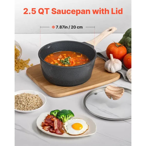 2.5 QT Saucepan, Nonstick Saucepan with Tempered Glass Lid, Multipurpose Cooking Sauce Pot with Detachable Handle, Sauce Pan Small Kitchen Cooking Pot with Coating, Induction Compatible, Black