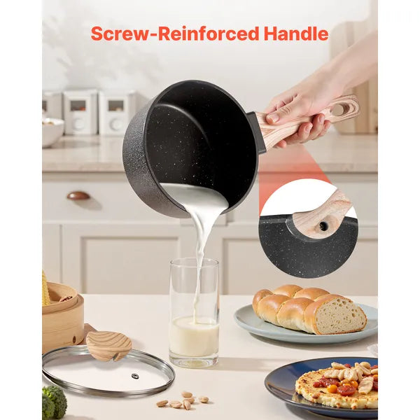 2.5 QT Saucepan, Nonstick Saucepan with Tempered Glass Lid, Multipurpose Cooking Sauce Pot with Detachable Handle, Sauce Pan Small Kitchen Cooking Pot with Coating, Induction Compatible, Black
