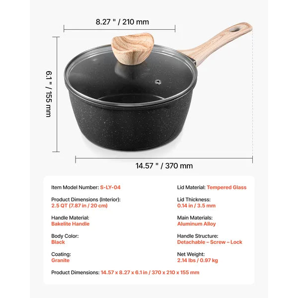 2.5 QT Saucepan, Nonstick Saucepan with Tempered Glass Lid, Multipurpose Cooking Sauce Pot with Detachable Handle, Sauce Pan Small Kitchen Cooking Pot with Coating, Induction Compatible, Black