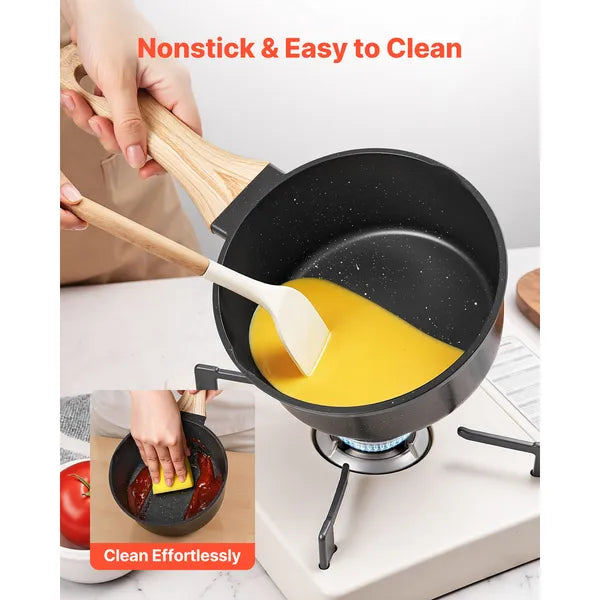 2.5 QT Saucepan, Nonstick Saucepan with Tempered Glass Lid, Multipurpose Cooking Sauce Pot with Detachable Handle, Sauce Pan Small Kitchen Cooking Pot with Coating, Induction Compatible, Black