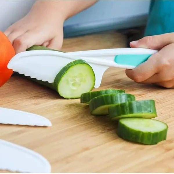 8 Pcs Wooden Kitchen Knife Set for Kids - Includes Safe Knives, Serrated Plastic Knives, Potato Slicers, Sandwich Cutter, Peeler and Cutting Board
