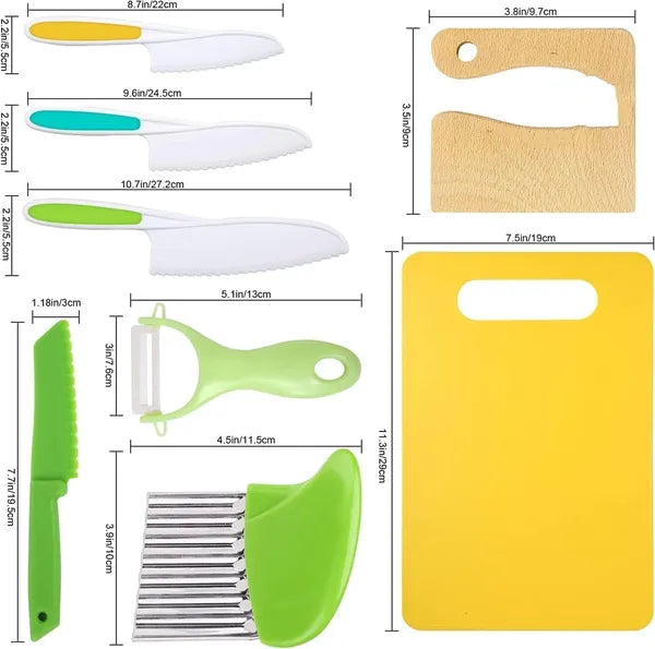 8 Pcs Wooden Kitchen Knife Set for Kids - Includes Safe Knives, Serrated Plastic Knives, Potato Slicers, Sandwich Cutter, Peeler and Cutting Board
