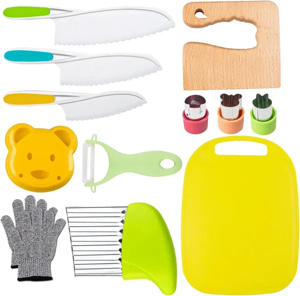8 Pcs Wooden Kitchen Knife Set for Kids - Includes Safe Knives, Serrated Plastic Knives, Potato Slicers, Sandwich Cutter, Peeler and Cutting Board