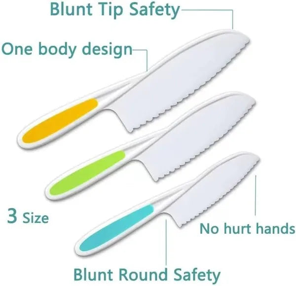8 Pcs Wooden Kitchen Knife Set for Kids - Includes Safe Knives, Serrated Plastic Knives, Potato Slicers, Sandwich Cutter, Peeler and Cutting Board