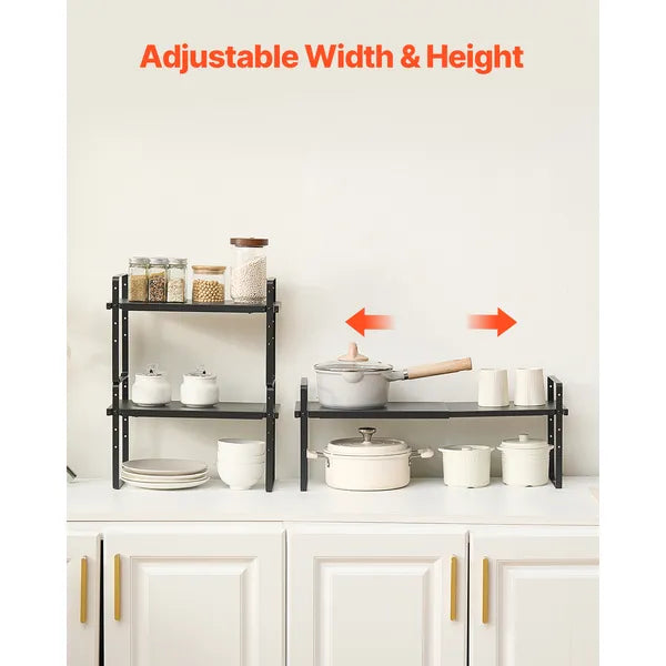 Adjustable Kitchen Cabinet Shelf Organizer, Expandable 2 Tier Cabinet Shelf, Stackable Countertop Organizers and Storage Shelf Risers, Pantry Organizers for Kitchen Bathroom Office, Black