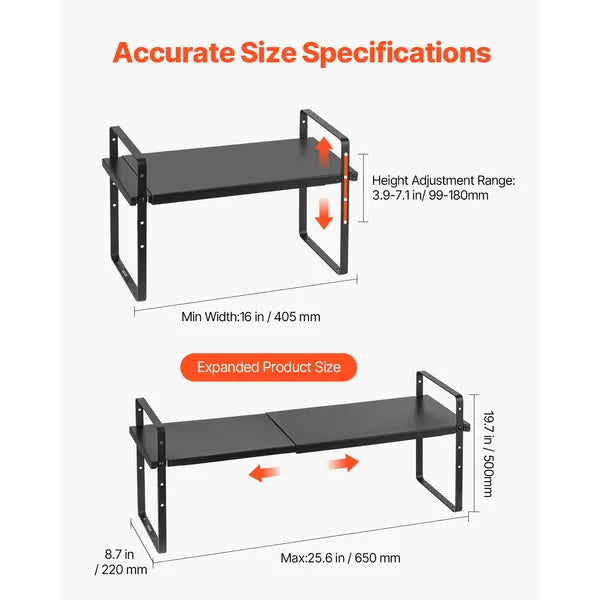 Adjustable Kitchen Cabinet Shelf Organizer, Expandable 2 Tier Cabinet Shelf, Stackable Countertop Organizers and Storage Shelf Risers, Pantry Organizers for Kitchen Bathroom Office, Black
