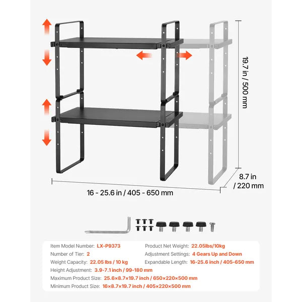 Adjustable Kitchen Cabinet Shelf Organizer, Expandable 2 Tier Cabinet Shelf, Stackable Countertop Organizers and Storage Shelf Risers, Pantry Organizers for Kitchen Bathroom Office, Black