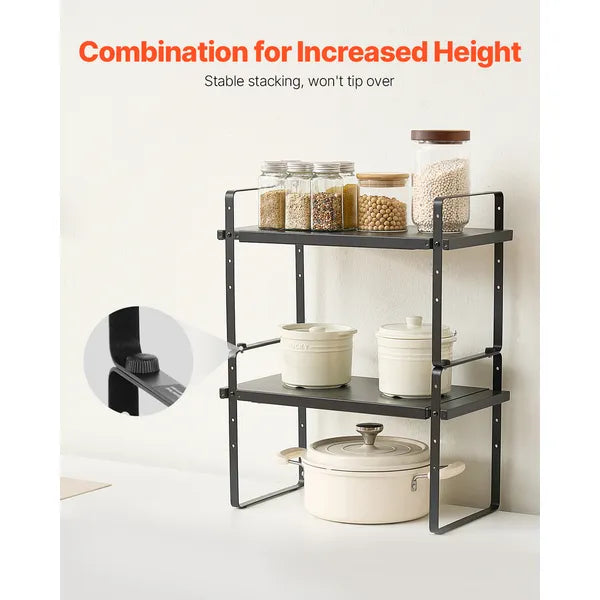 Adjustable Kitchen Cabinet Shelf Organizer, Expandable 2 Tier Cabinet Shelf, Stackable Countertop Organizers and Storage Shelf Risers, Pantry Organizers for Kitchen Bathroom Office, Black