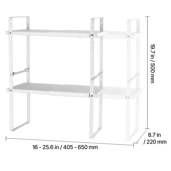 Adjustable Kitchen Cabinet Shelf Organizer, Expandable 2 Tier Cabinet Shelf, Stackable Countertop Organizers and Storage Shelf Risers, Pantry Organizers for Kitchen Bathroom Office, White