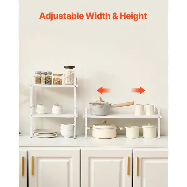 Adjustable Kitchen Cabinet Shelf Organizer, Expandable 2 Tier Cabinet Shelf, Stackable Countertop Organizers and Storage Shelf Risers, Pantry Organizers for Kitchen Bathroom Office, White