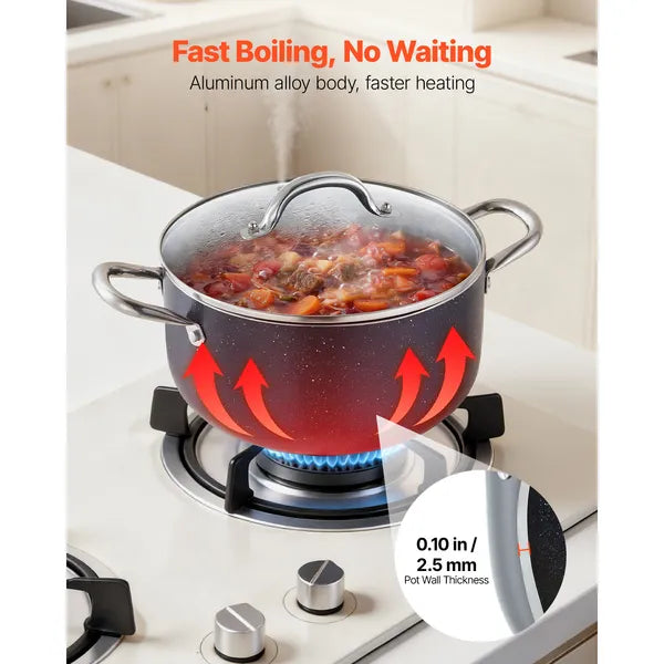 Aluminum Stock Pot, 6-Quart Nonstick Ceramic Coated Pot with Glass Lid, PFOA-Free, PFAS-Free, Compatible with Gas Stoves, Induction Cooktops, Electric Stoves, for Soups, Stews, and Pasta