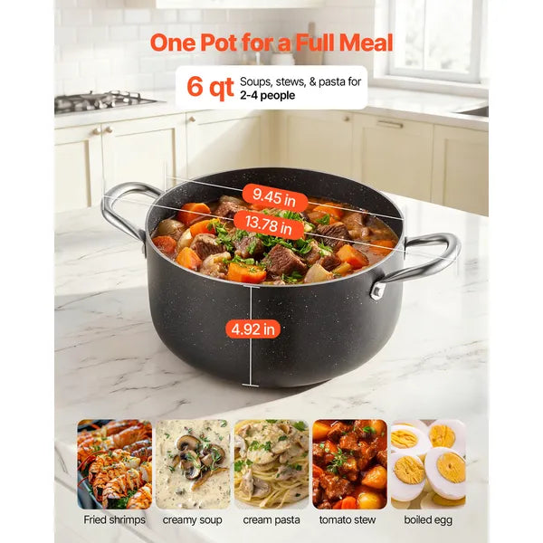 Aluminum Stock Pot, 6-Quart Nonstick Ceramic Coated Pot with Glass Lid, PFOA-Free, PFAS-Free, Compatible with Gas Stoves, Induction Cooktops, Electric Stoves, for Soups, Stews, and Pasta
