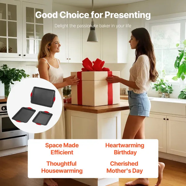 Baking Pans Set, 3-Piece, Nonstick Carbon Steel Cookware Sheets & Trays, Stackable Kitchen Oven Bakeware Cooking Sets with Silicone Handles, Easy to Clean, for Baking Cookie Cake Muffin Bread