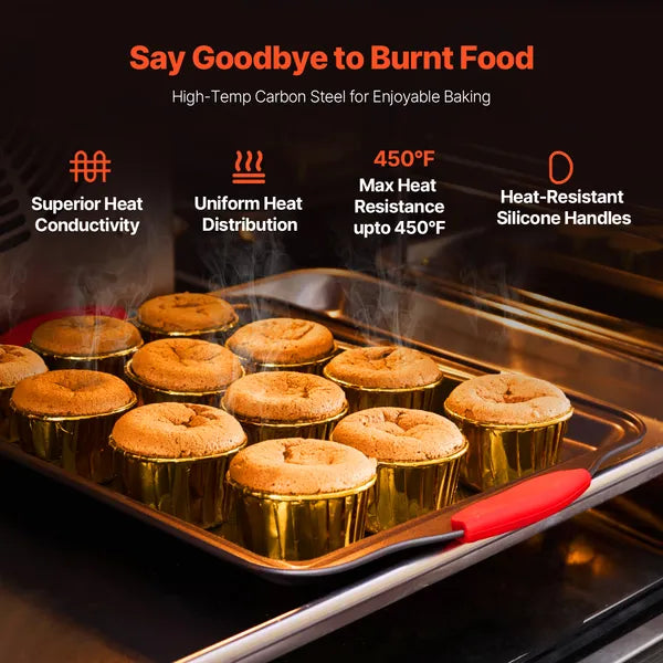 Baking Pans Set, 3-Piece, Nonstick Carbon Steel Cookware Sheets & Trays, Stackable Kitchen Oven Bakeware Cooking Sets with Silicone Handles, Easy to Clean, for Baking Cookie Cake Muffin Bread