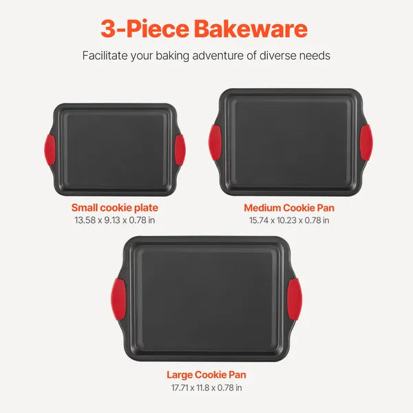 Baking Pans Set, 3-Piece, Nonstick Carbon Steel Cookware Sheets & Trays, Stackable Kitchen Oven Bakeware Cooking Sets with Silicone Handles, Easy to Clean, for Baking Cookie Cake Muffin Bread