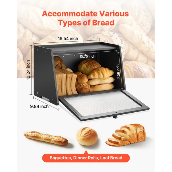 Bread Box for Kitchen Counter, Large Capacity Bamboo Bread Storage Container, Farmhouse Wooden Breadbox Organizer for Homemade Bread, Storage Holder Bin with Acrylic Wavy Door Panel, Black