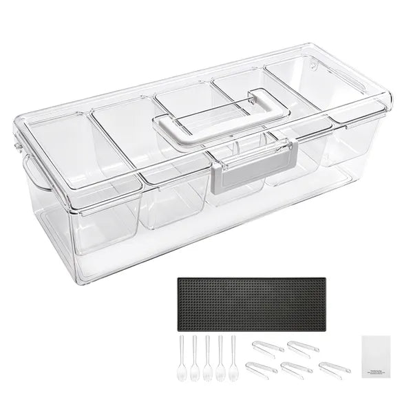 Chilled Condiment Server Caddy, 5 Compartment Ice Cooled Serving Container, Plastic Fruit Garnish Tray Platter with Lid, for Taco Salad Bar Accessories, Party Home Restaurant Supplies