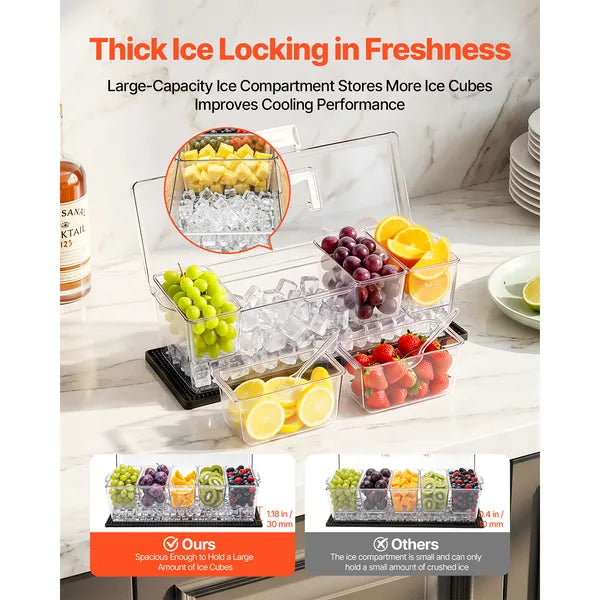 Chilled Condiment Server Caddy, 5 Compartment Ice Cooled Serving Container, Plastic Fruit Garnish Tray Platter with Lid, for Taco Salad Bar Accessories, Party Home Restaurant Supplies