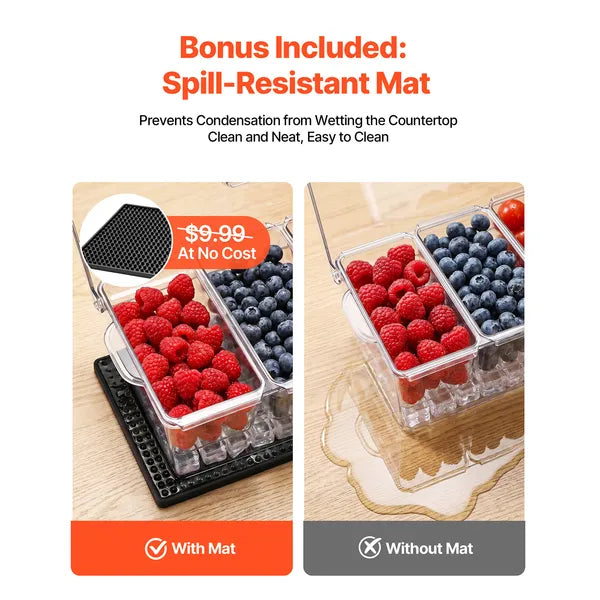 Chilled Condiment Server Caddy, 5 Compartment Ice Cooled Serving Container, Plastic Fruit Garnish Tray Platter with Lid, for Taco Salad Bar Accessories, Party Home Restaurant Supplies