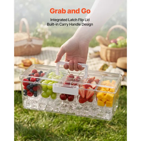 Chilled Condiment Server Caddy, 5 Compartment Ice Cooled Serving Container, Plastic Fruit Garnish Tray Platter with Lid, for Taco Salad Bar Accessories, Party Home Restaurant Supplies