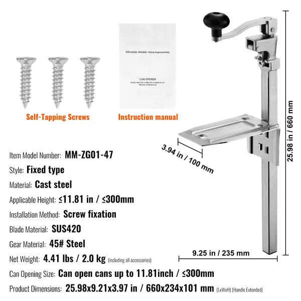 Commercial Can Opener, Heavy-Duty Manual Tabletop Cans Opener for Cans Up to 11.8 in Height, Height-Adjustable Professional Can Openers Fixed with Screws, for Restaurant, Hotel, and Food Store