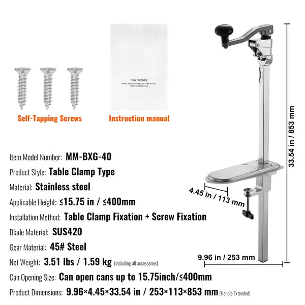 Commercial Can Opener, Heavy-Duty Manual Tabletop Cans Opener for Cans Up to 15.75 in Height, Height-Adjustable Can Openers Fixed with Screws & Table Clamp, for Restaurant, Hotel, and Food Store
