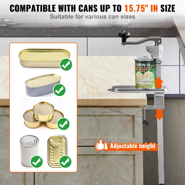 Commercial Can Opener, Heavy-Duty Manual Tabletop Cans Opener for Cans Up to 15.75 in Height, Height-Adjustable Can Openers Fixed with Screws & Table Clamp, for Restaurant, Hotel, and Food Store