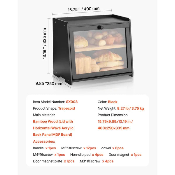 Double Layer Bread Box for Kitchen Counter, Large Capacity Bamboo Bread Storage Container, Farmhouse Wooden Breadbox for Homemade Bread, Storage Holder Bin with Acrylic Wavy Door Panel, Black