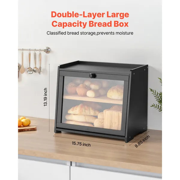 Double Layer Bread Box for Kitchen Counter, Large Capacity Bamboo Bread Storage Container, Farmhouse Wooden Breadbox for Homemade Bread, Storage Holder Bin with Acrylic Wavy Door Panel, Black