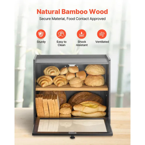Double Layer Bread Box for Kitchen Counter, Large Capacity Bamboo Bread Storage Container, Farmhouse Wooden Breadbox for Homemade Bread, Storage Holder Bin with Acrylic Wavy Door Panel, Black