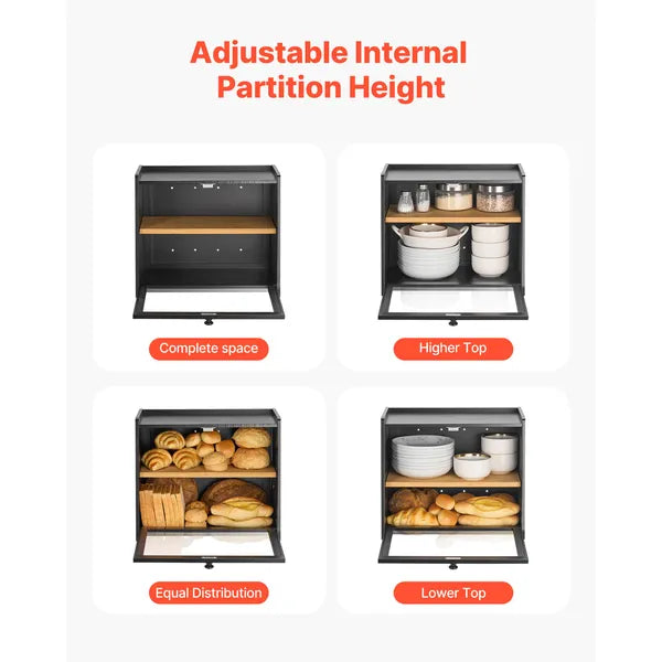Double Layer Bread Box for Kitchen Counter, Large Capacity Bamboo Bread Storage Container, Farmhouse Wooden Breadbox for Homemade Bread, Storage Holder Bin with Acrylic Wavy Door Panel, Black