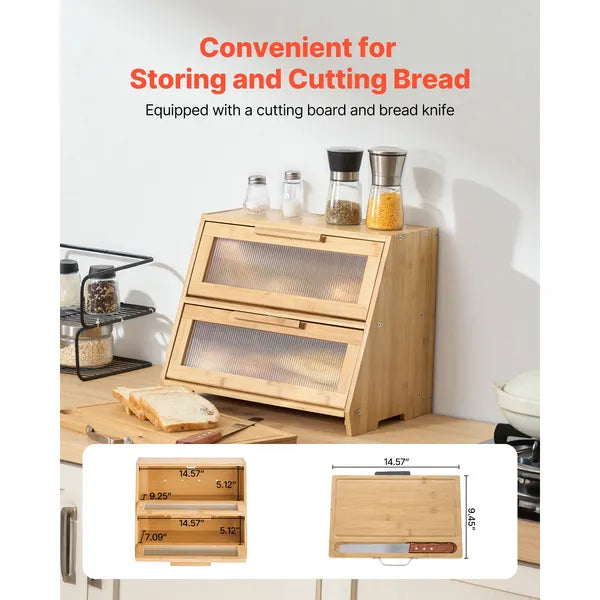Double Layer Bread Box for Kitchen Counter, Large Capacity Bamboo Bread Storage Container, Farmhouse Wooden Breadbox for Homemade Bread, Storage Holder Bin with Acrylic Wavy Door Panel, Natural