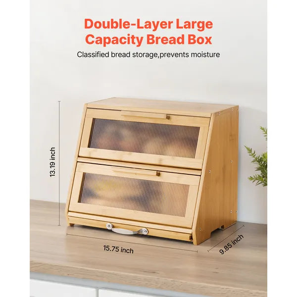 Double Layer Bread Box for Kitchen Counter, Large Capacity Bamboo Bread Storage Container, Farmhouse Wooden Breadbox for Homemade Bread, Storage Holder Bin with Acrylic Wavy Door Panel, Natural