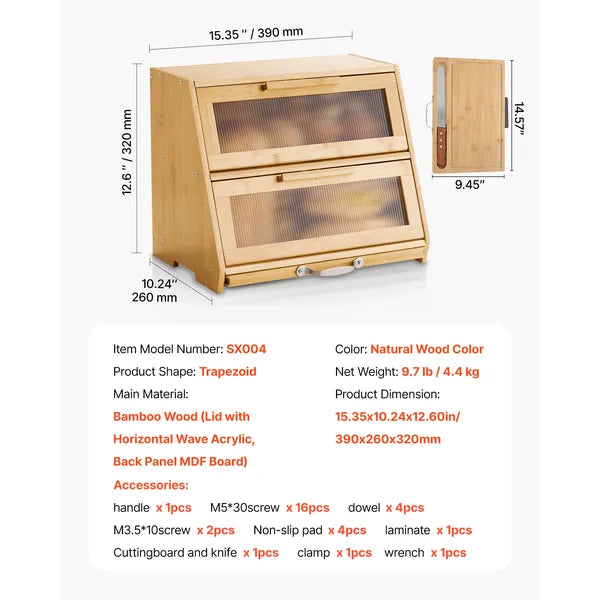 Double Layer Bread Box for Kitchen Counter, Large Capacity Bamboo Bread Storage Container, Farmhouse Wooden Breadbox for Homemade Bread, Storage Holder Bin with Acrylic Wavy Door Panel, Natural