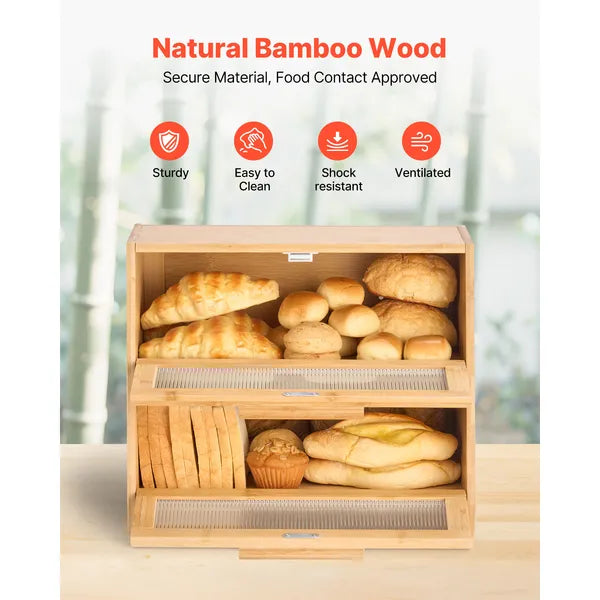 Double Layer Bread Box for Kitchen Counter, Large Capacity Bamboo Bread Storage Container, Farmhouse Wooden Breadbox for Homemade Bread, Storage Holder Bin with Acrylic Wavy Door Panel, Natural
