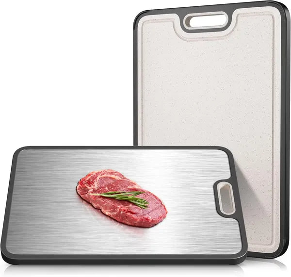 Double-sided titanium straw cutting board, 15 inches * 10 inches, kitchen cutting board, non-toxic cutting board, suitable for meat and vegetables, non-slip silicone edges, with drainage channels.