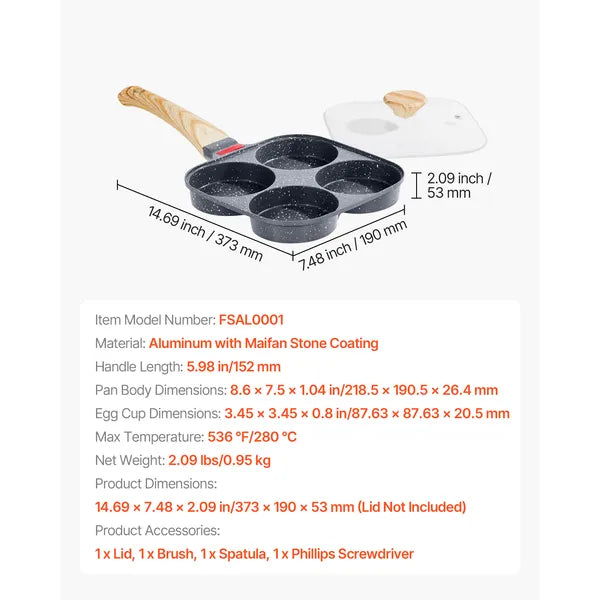 Egg Pan, 4-Cup Nonstick Egg Frying Pan, Aluminum Breakfast Omelette Skillet for Pancakes, Hamburgers, Sandwiches, with Lid, Oil Brush, Scraper, Compatible with Gas Stove & Induction Cookware