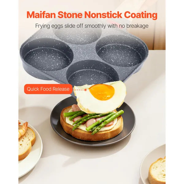 Egg Pan, 4-Cup Nonstick Egg Frying Pan, Aluminum Breakfast Omelette Skillet for Pancakes, Hamburgers, Sandwiches, with Lid, Oil Brush, Scraper, Compatible with Gas Stove & Induction Cookware