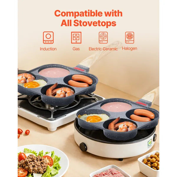 Egg Pan, 4-Cup Nonstick Egg Frying Pan, Aluminum Breakfast Omelette Skillet for Pancakes, Hamburgers, Sandwiches, with Lid, Oil Brush, Scraper, Compatible with Gas Stove & Induction Cookware