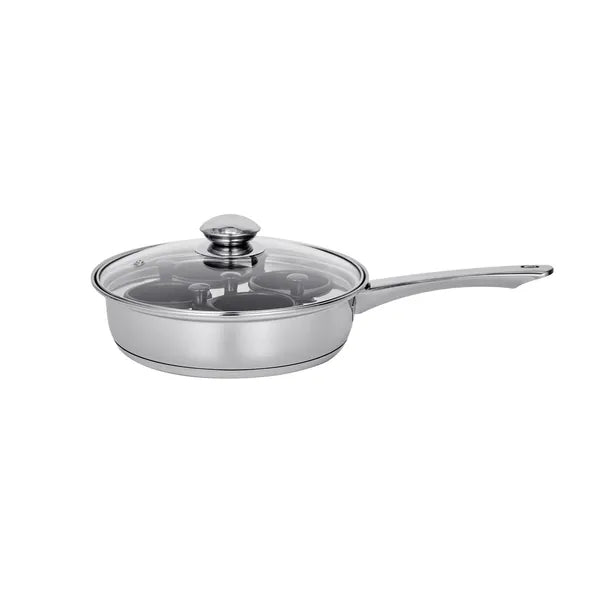 Egg Poacher Pan, 4-Cup Poached Egg Maker, Stainless Steel Poaching Pan and Frying Skillet, with 4 Nonsitck Detachable Large Cups, Lid, and Silicone Spatula, Compatible with Induction Stovetop