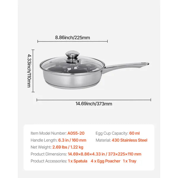 Egg Poacher Pan, 4-Cup Poached Egg Maker, Stainless Steel Poaching Pan and Frying Skillet, with 4 Nonsitck Detachable Large Cups, Lid, and Silicone Spatula, Compatible with Induction Stovetop