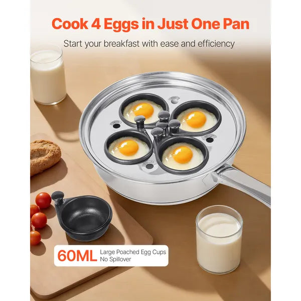 Egg Poacher Pan, 4-Cup Poached Egg Maker, Stainless Steel Poaching Pan and Frying Skillet, with 4 Nonsitck Detachable Large Cups, Lid, and Silicone Spatula, Compatible with Induction Stovetop