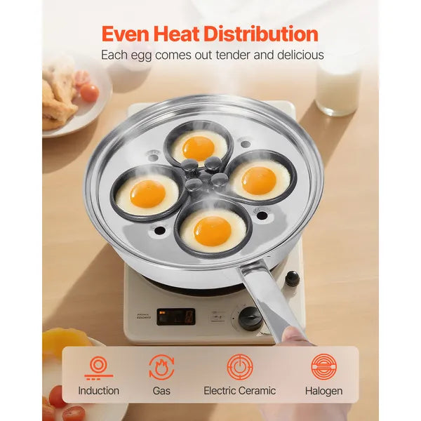 Egg Poacher Pan, 4-Cup Poached Egg Maker, Stainless Steel Poaching Pan and Frying Skillet, with 4 Nonsitck Detachable Large Cups, Lid, and Silicone Spatula, Compatible with Induction Stovetop