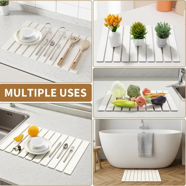 Foldable Stone Bath Mat, Non Slip Large Diatomaceous Shower Mat, Super Absorbent Quick Drying Stone Mat for Bathroom Kitchen Floor Counter Sink,Easy to Clean & Store