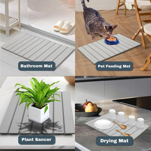Foldable Stone Bath Mat, Non Slip Large Diatomaceous Shower Mat, Super Absorbent Quick Drying Stone Mat for Bathroom Kitchen Floor Counter Sink,Easy to Clean & Store