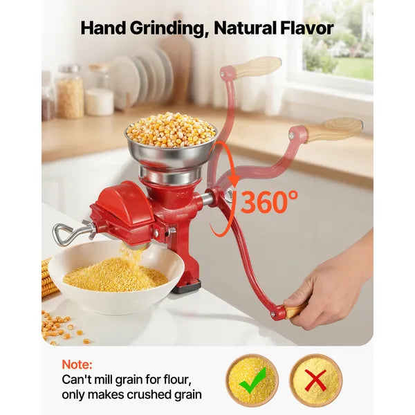 Manual Grain Mill with Low Hopper, Hand-Crank Corn Grinder, Heavy Duty Cast Iron Wheat Grinding Mill with Stable Table Clamp & Dust Cover for Grains Spices Coffee Beans Nuts