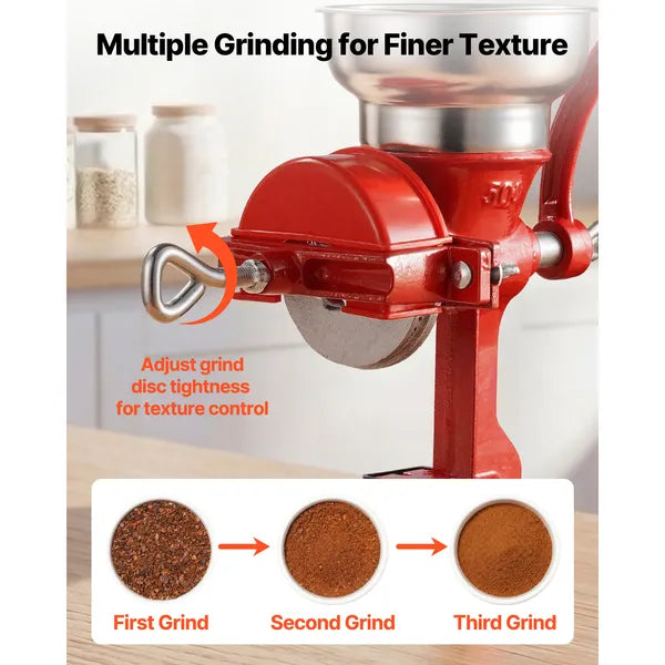 Manual Grain Mill with Low Hopper, Hand-Crank Corn Grinder, Heavy Duty Cast Iron Wheat Grinding Mill with Stable Table Clamp & Dust Cover for Grains Spices Coffee Beans Nuts
