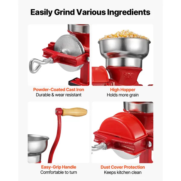 Manual Grain Mill with Low Hopper, Hand-Crank Corn Grinder, Heavy Duty Cast Iron Wheat Grinding Mill with Stable Table Clamp & Dust Cover for Grains Spices Coffee Beans Nuts