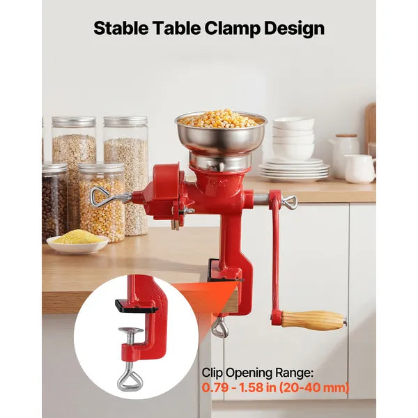 Manual Grain Mill with Low Hopper, Hand-Crank Corn Grinder, Heavy Duty Cast Iron Wheat Grinding Mill with Stable Table Clamp & Dust Cover for Grains Spices Coffee Beans Nuts